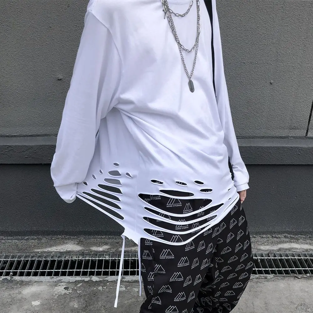 Korean Ripped Long Sleeve T-shirt 2024 Spring Autumn Long Sleeve Women Tee Shirt Men Casual Loose O-neck Hipster T Shirt Top