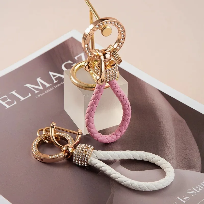 Handcrafted Braided Rope Car Keychain Sparkling Rhinestones Stylish Monochrome Car Key Ring Fashion Bag Accessories
