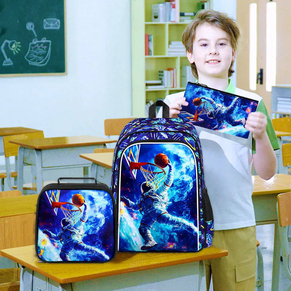 3 قطع حقائب ظهر للأولاد، حقيبة كتب للأطفال مقاس 16 بوصة مقاومة للماء للأولاد، حقيبة ظهر خفيفة الوزن مع صندوق غداء - كرة سلة رواد الفضاء #5