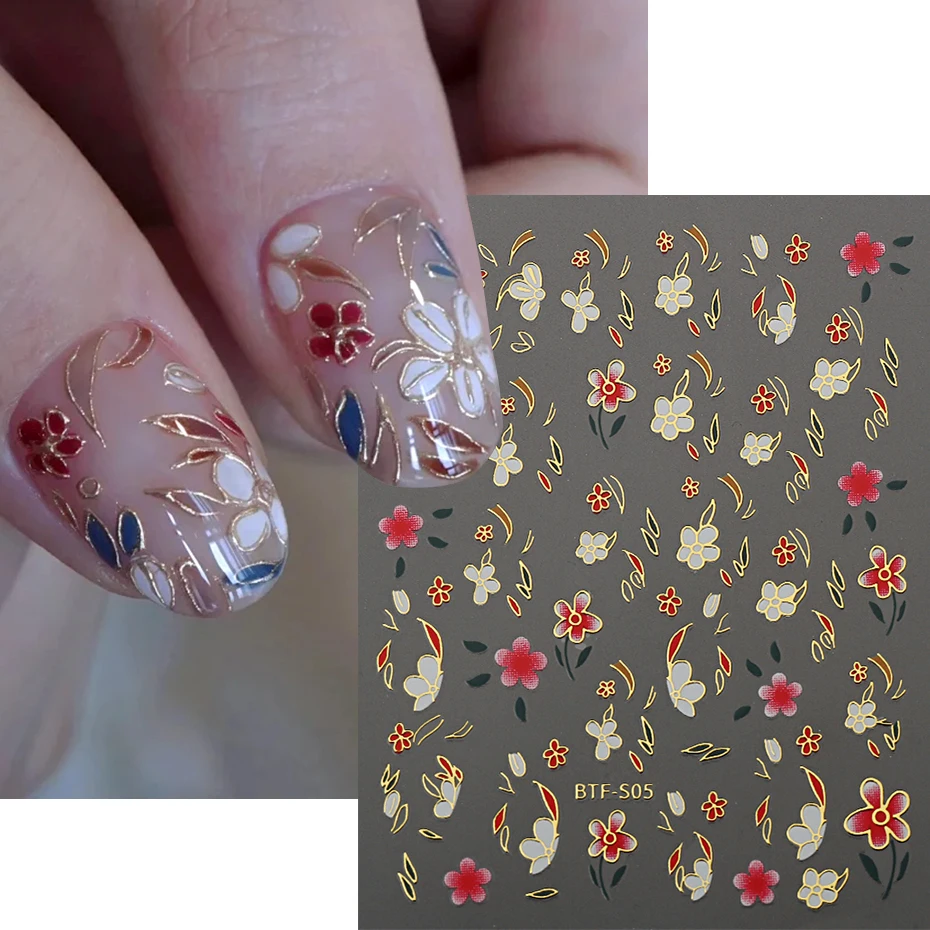 Enamel Flower Nails Stickers Retro Cherry Blossom Gold Stroking Lines Bronzing 3D Sliders Japanese Manicure Decals Decor BTF-S05