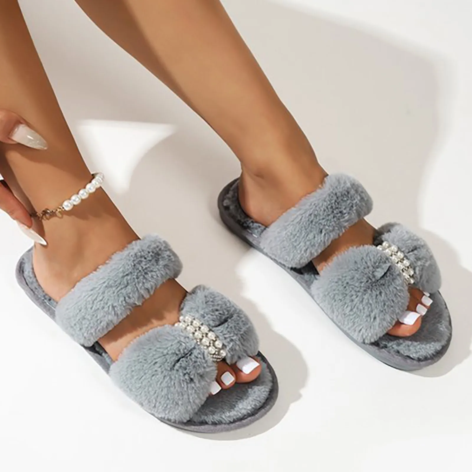 Luxury Pearl Band Fur Slippers Women Autumn Winter Warm Plush Slides Ladies Elegant Fashion Rhinestone Bowknot Home Cotton Shoes