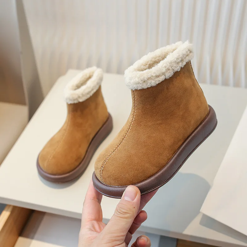 Winter Children Cotton Boots Chunky Khaki Brown PU Leather Kids Short Boots Plush Warm Fashion Simple Design Girl's Ankle Boot