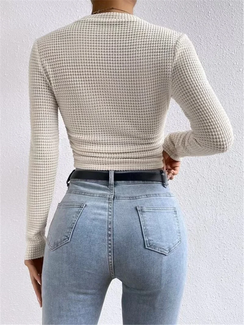 2024 Autumn Women\'S Solid Knit Pleated Side Long Sleeve T-Shirt Long Sleeves Solid Slim Tees All Match Basic Tops Undershirt