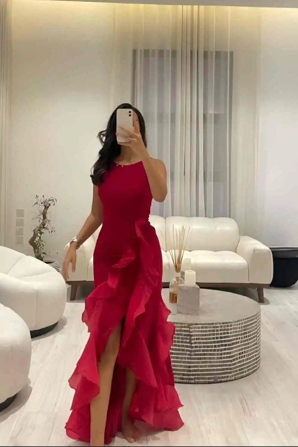 

Red Sleeveless Prom Dresses 2025 O-Neck Elegant Women Party Dresses Ruffles Formal Gowns Floor Length Backless Sexy Customized