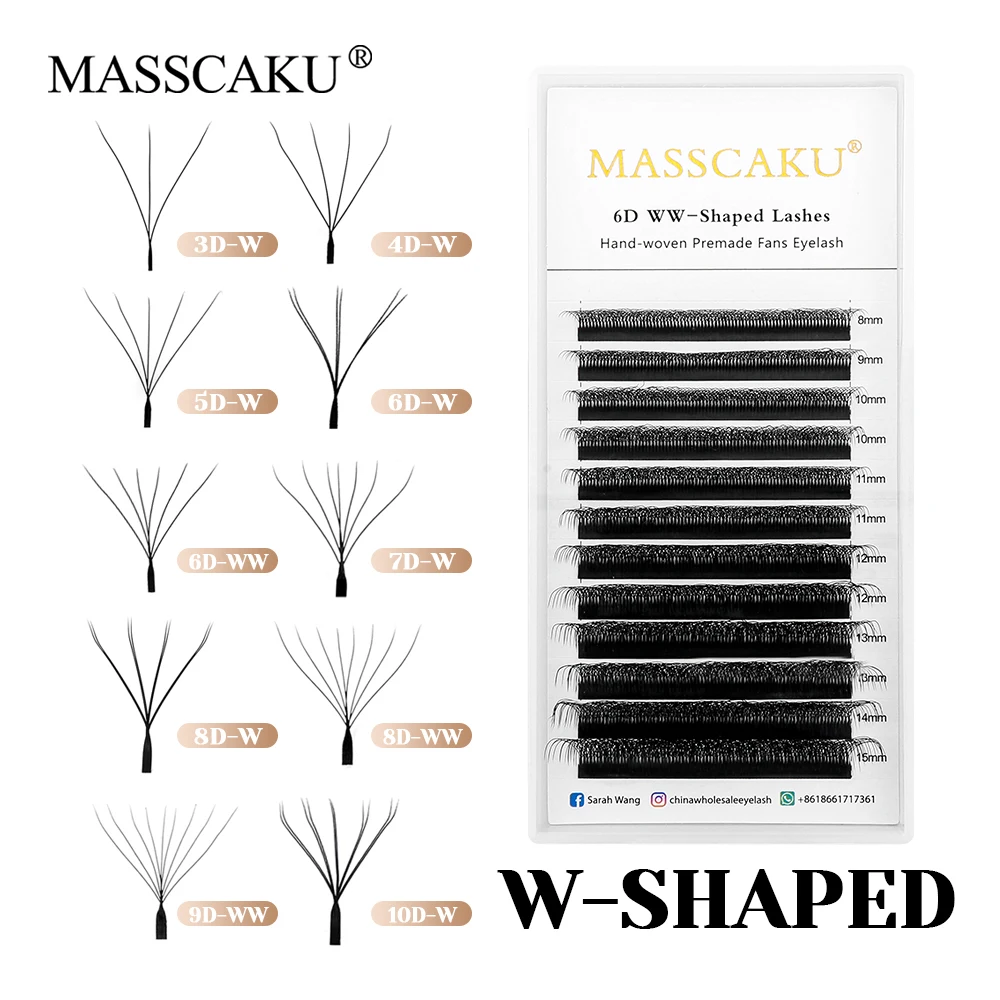 MASSCAKU High Quality 8-15mm and Mix Length W Shaped Premade Volume Fans Eyelash Hand-woven W Design Eyelashes for Beauty Salon