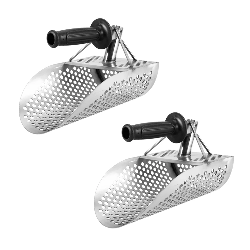 

2X Sand Scoop For Metal Detecting, Stainless Steel With Hexahedron 7Mm Holes For Beach Treasure Hunting Plastic Handle
