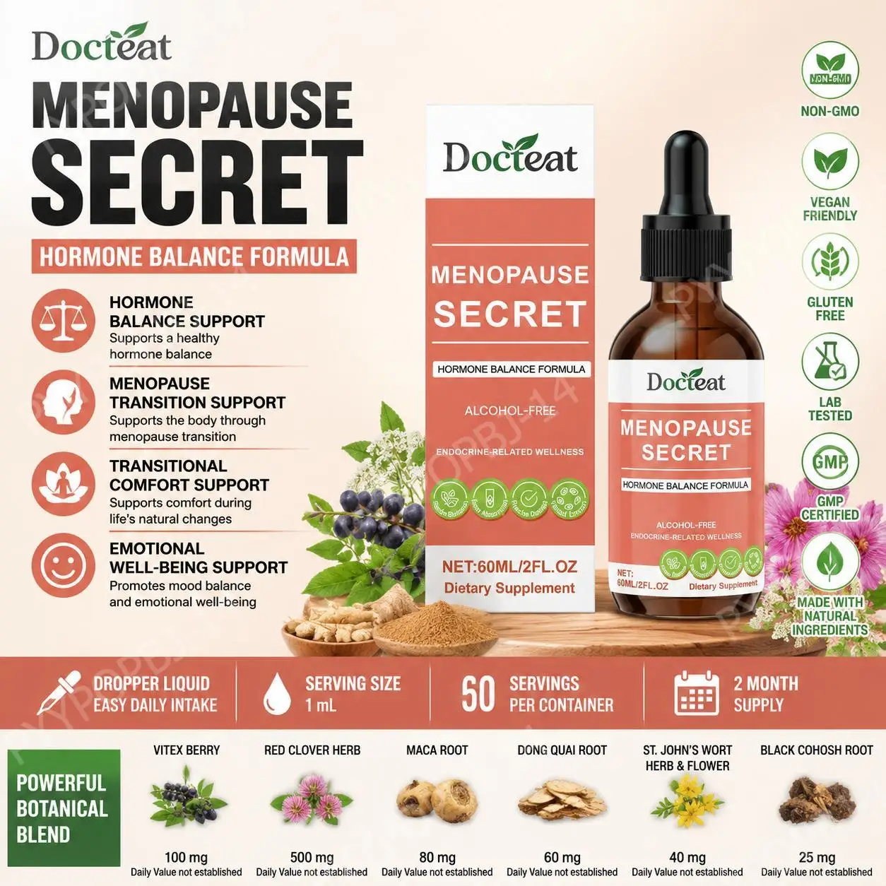 Gotas Docteat Menopause Secret para el Equilibrio Hormonal y el Bienestar Emocional con Extracto de Vitex y Trébol Rojo - 60 ML