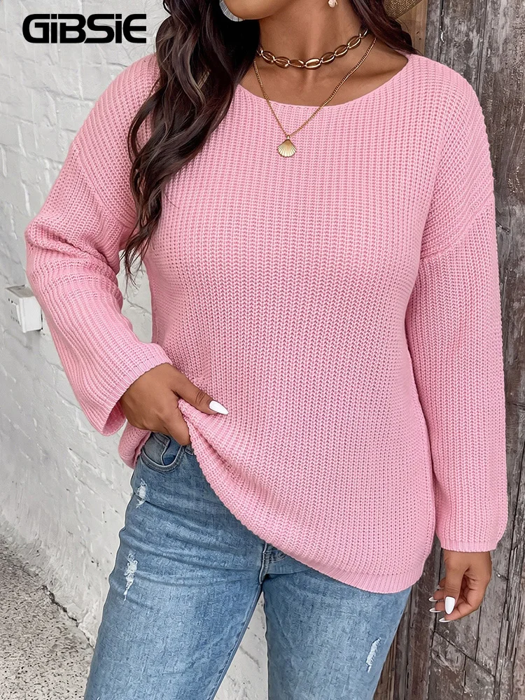 GIBSIE Plus Size Autumn Winter Drop Shoulder Round Neck Sweaters Women Solid Color Loose Casual Knitted Pullover Top Female