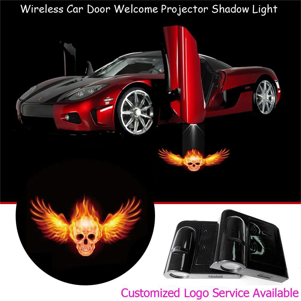 

2 Pieces Flaming Skull Angel Wings Logo LED Ghost Shadow Car Door Step Courtesy Puddle Welcome Lights Wireless Laser Projector