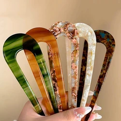 French Cellulose Acetate Hairpins Forks Vintage Print U-shape Hair Pins Clips 2 Prong Bun Hair Sticks For Women Hair Accessories