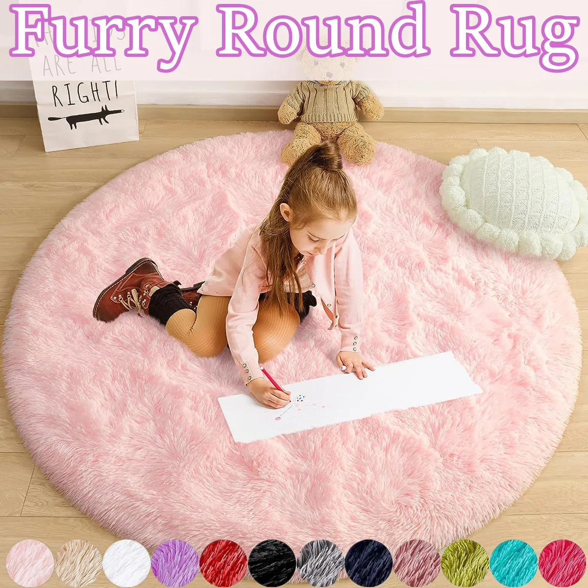 11color Round Rug for Bedroom,Fluffy Circle Rug for Kid Room,Furry Carpet for Teen's Room,60-160CM Circular Rug for Nursery Room