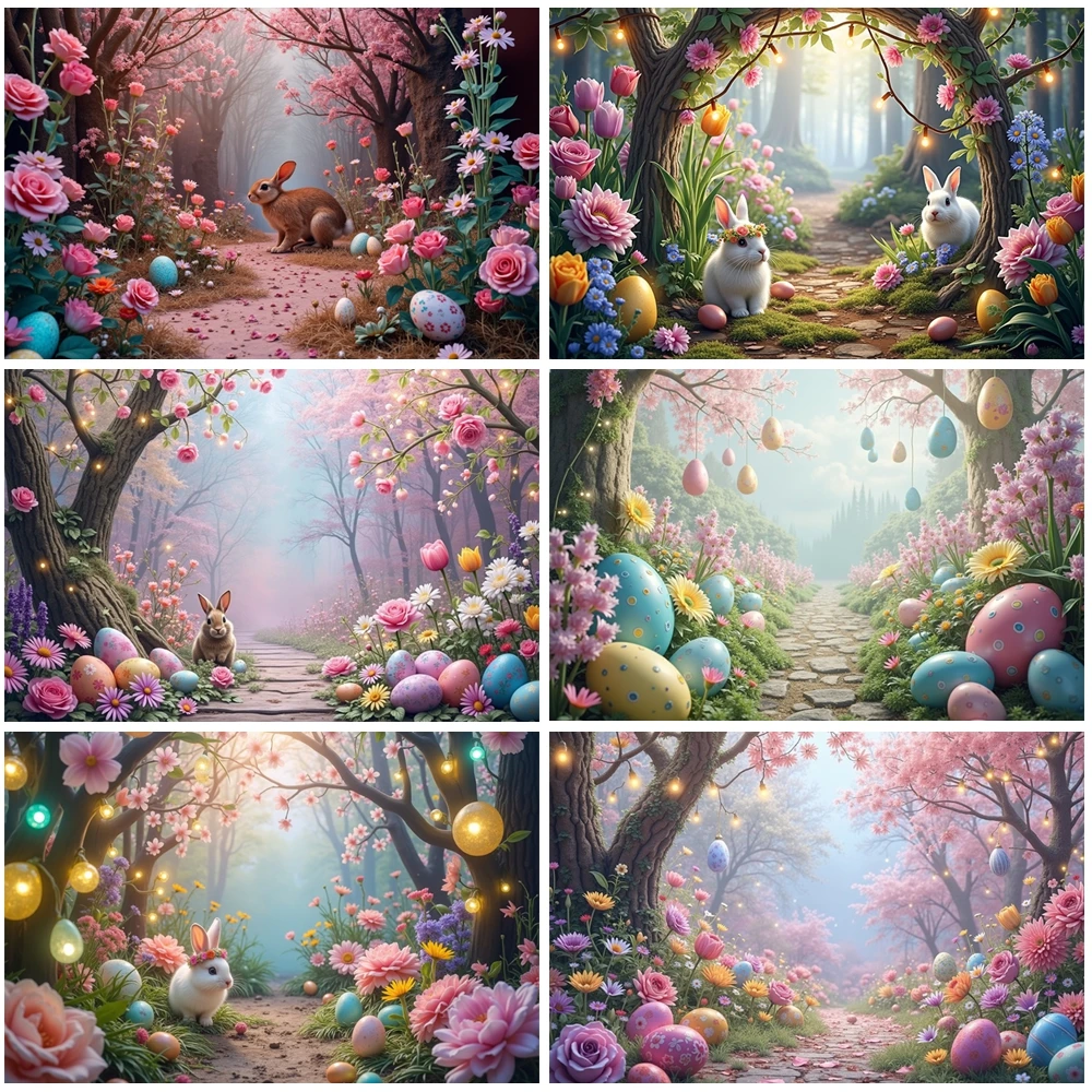 

MOON.QG Magical Easter Path Backdrop Flower Path Fairy Light Bunny Floral Photography Background Children Photocall Poster Decor