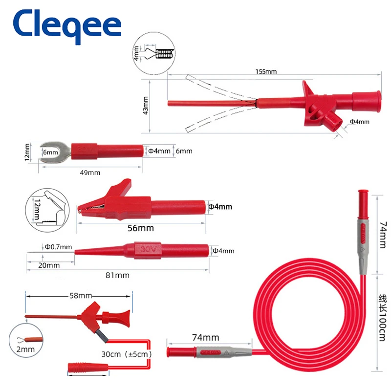 Cleqee P1600D 30 قطعة 4 مللي متر الموز التوصيل المتعدد موصلات اختبار عدة السيارات قطعة التحقيق مجموعة IC اختبار هوك التمساح مجموعة مشابك