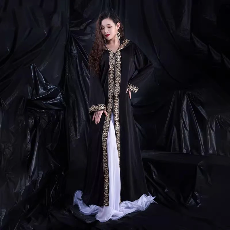 Ablaze Jewel Drilling Black Long Dress Performance Cloak Warm Overcoat Long Sleeves Group Competition Maxi Dresses with Hat Robe