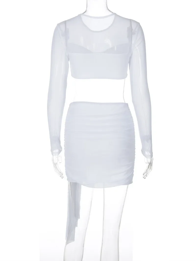 Woman Clothing Mesh Patchwork Bandage Two Piece Dresses Matching Sets Long Sleeve Crop Tops Mini Skirts Suits White Clubwear