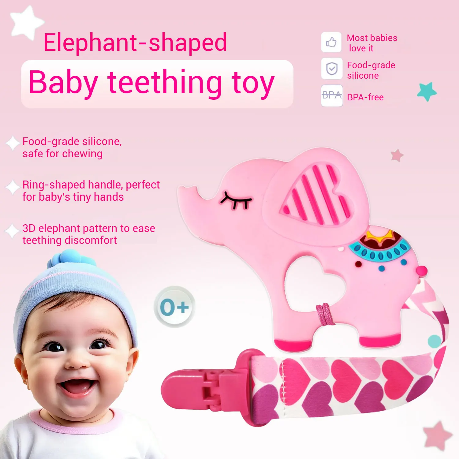 

1 шт., зажим для прорезывания зубов с изображением фламинго, пищевой силикон, форма единорога, детский прорезыватель для слона, подарок на день рождения