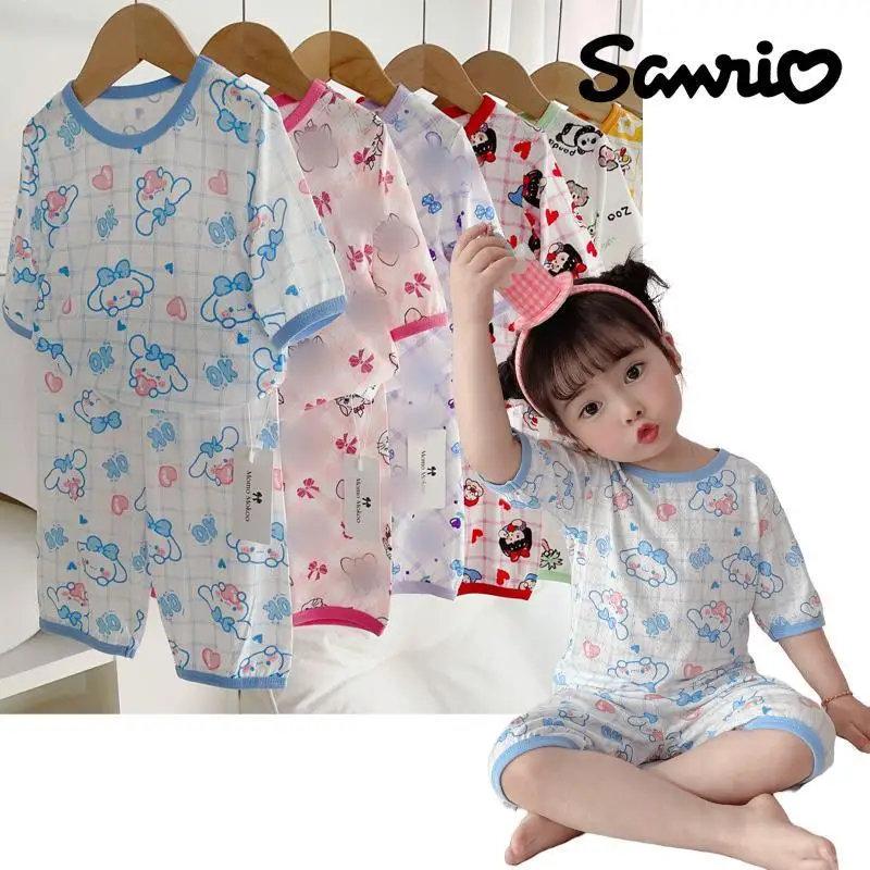 Sanrios Cinnamoroll Anime Kawaii Summer Bamboo Cotton 7 Minutes Sleeve Kids Home Service Set Boys Girls Air-Conditioning Pajamas