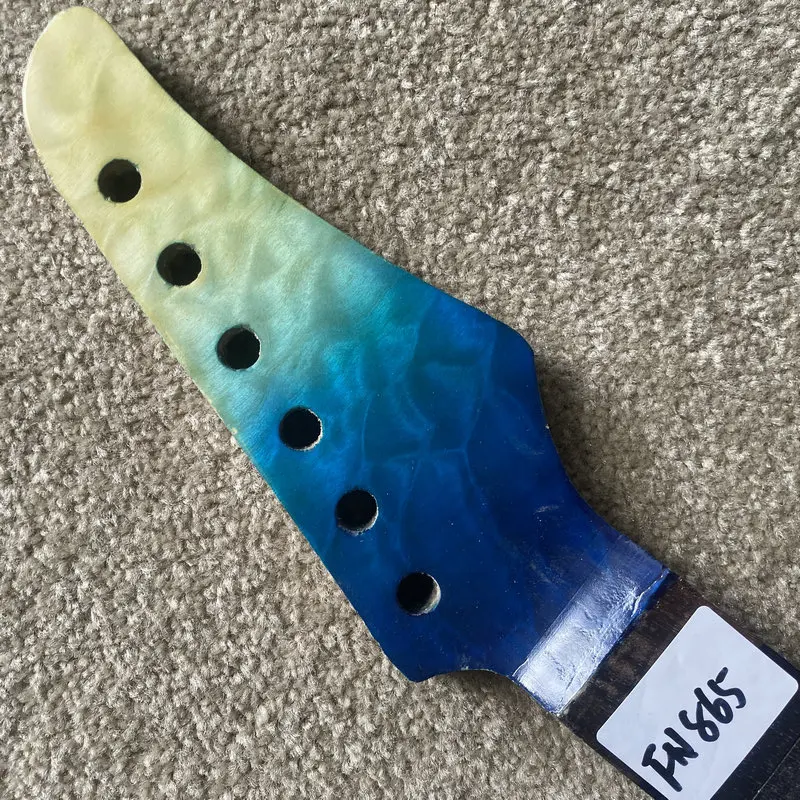 FN865 Blue Quilted Maple Headstock Semi Finishing Standard Scales Length ST Guitar Neck No Frets with Damages for DIY