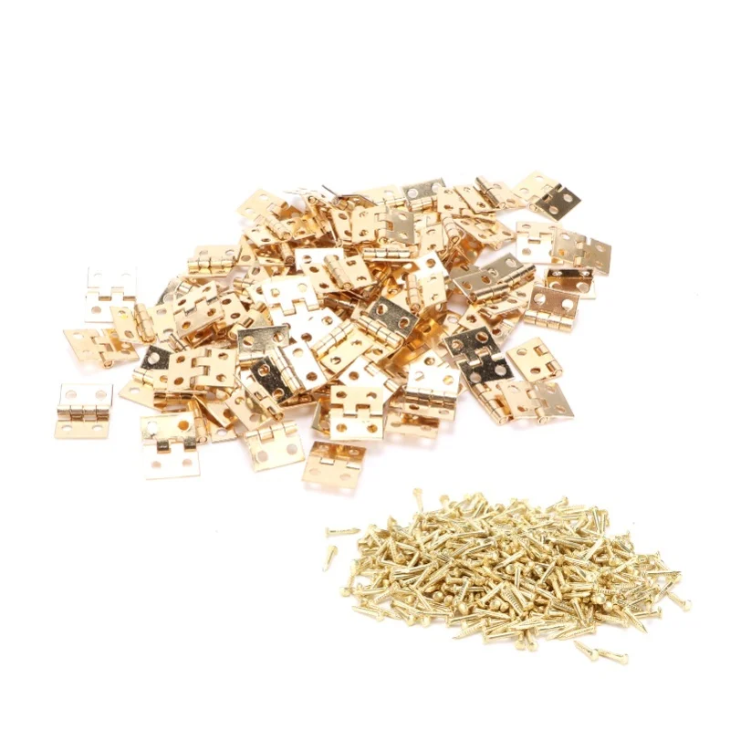 

100Pcs Mini Hinge Metal Retro Small Metal Accessory With Screw For DIY Jewellery Box Yellow