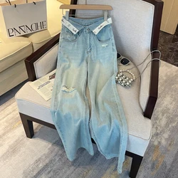 Summer slim design with flip letter waistband, high waist, loose and slimming jeans, long pants, wide leg pants