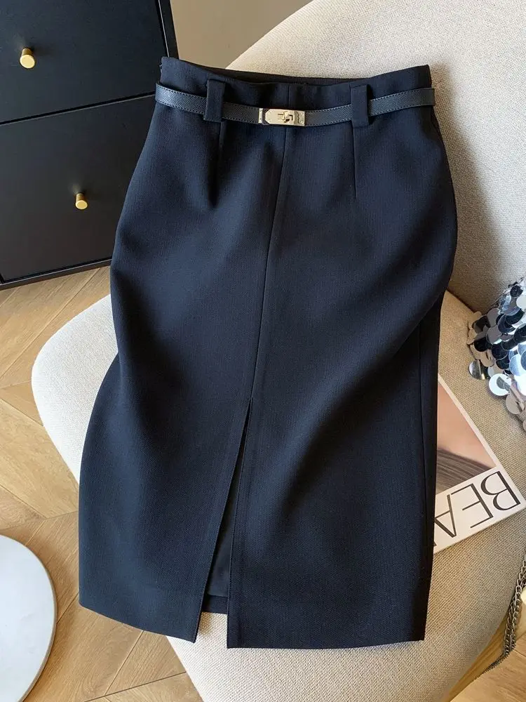Female All-match Fashionable Solid Color High Waist Skirt Spring Summer Temperament Zipper Belt Slim A-line Skirt Women Clothes