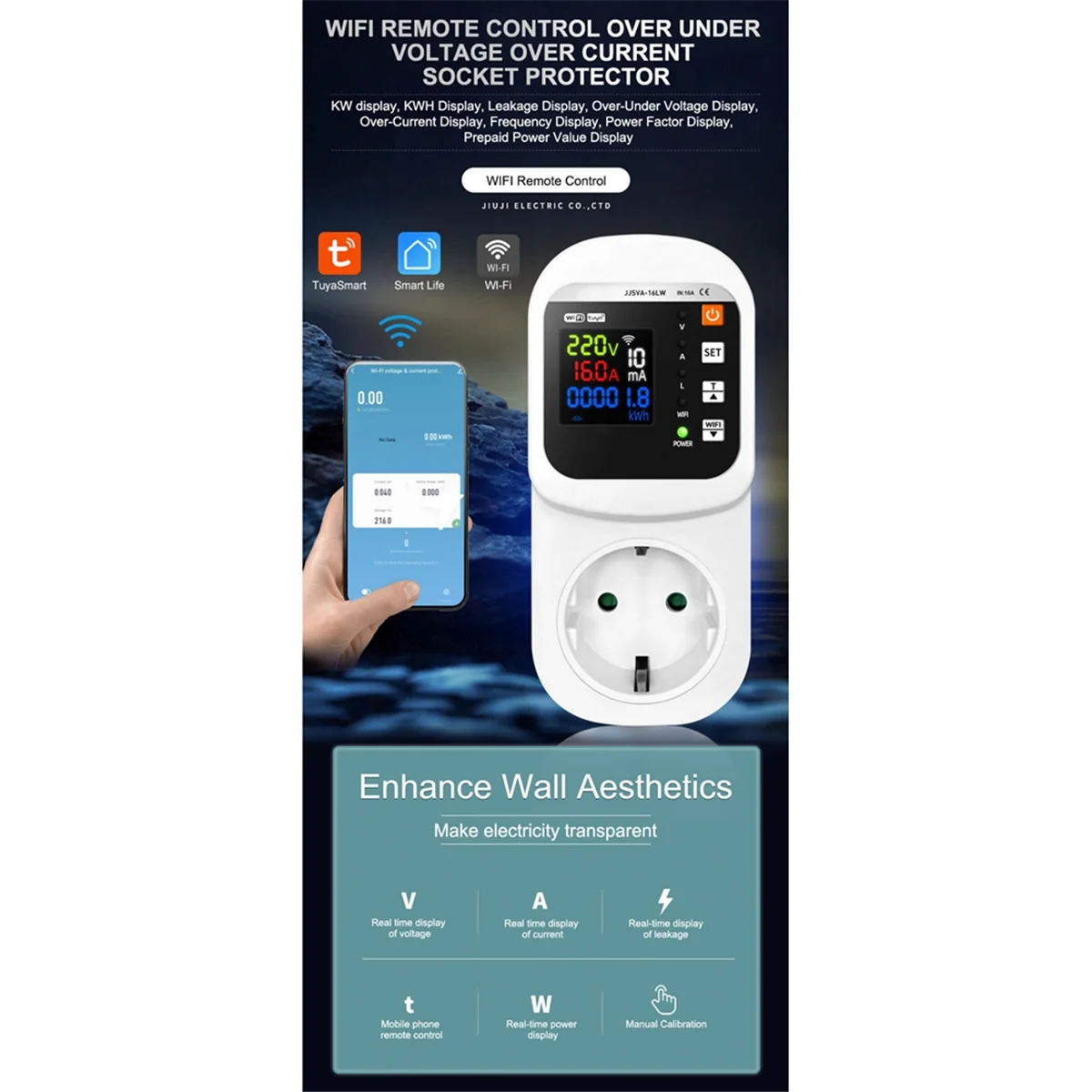 A93P Tuya WiFi Smart Socket Voltage & Current Protector Stabilizer Multifunctional Power Energy Meter EU Plug