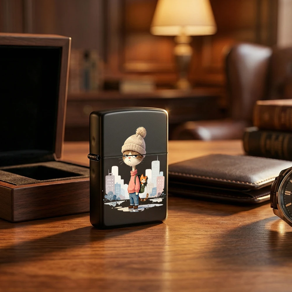 

Cat Boy with Kitten Backpack Lighter City Scene