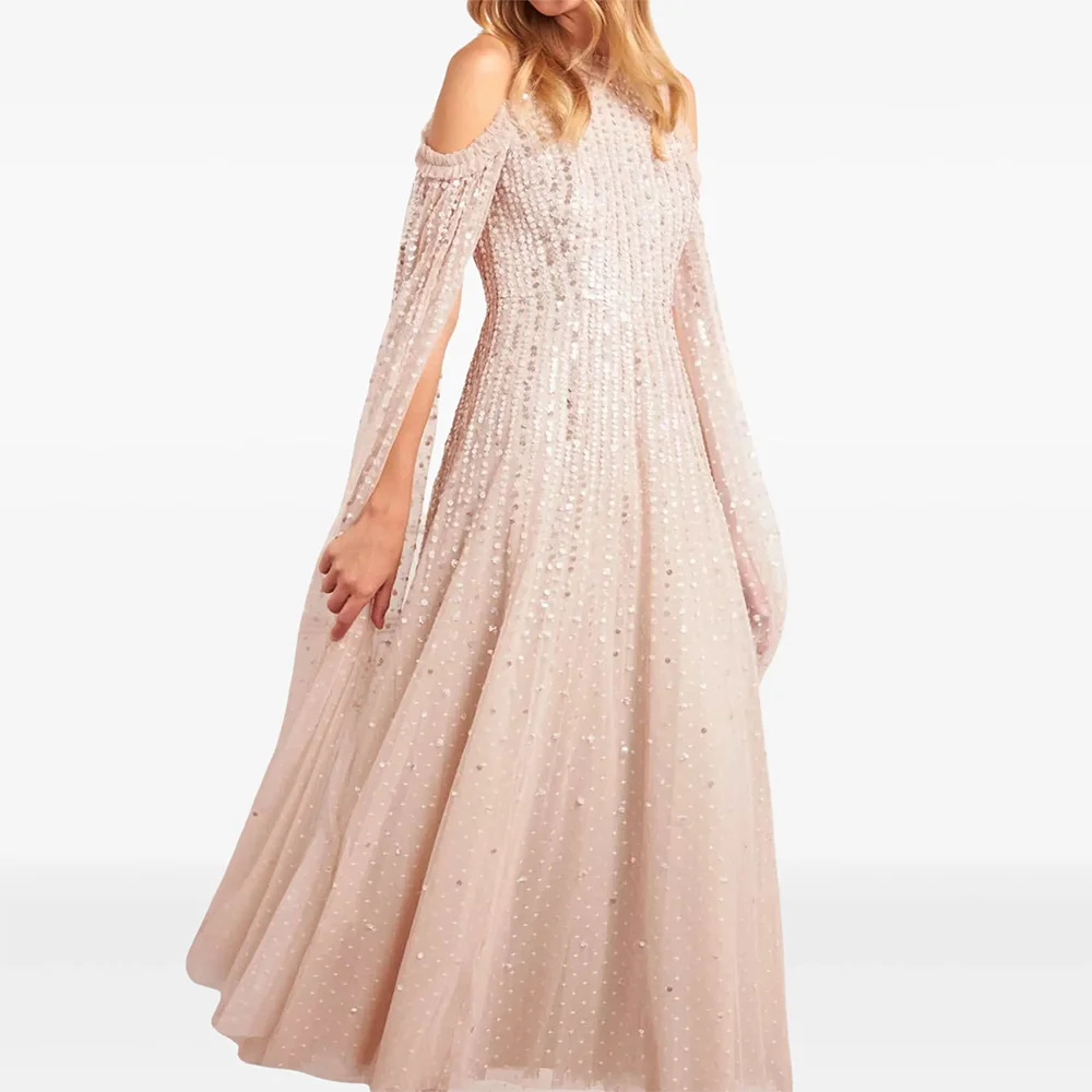 

Customized High Collar Long Evening Dresses Elegant Formal Occasion Prom Gowns Sequined 2025 Ankle Length Prom Dresses