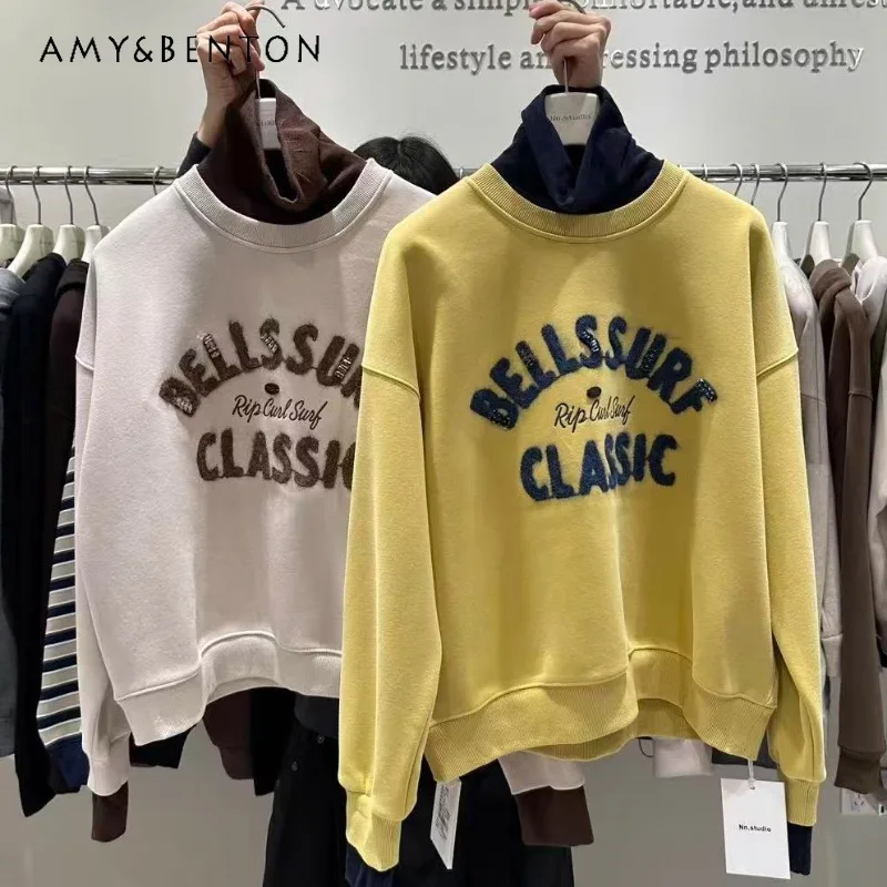 

Fleece-Lined Sweatshirt Coat Women's Winter Patchwork Fake Two-Piece High Collar Heavy Indsutry Loose Slimming Pullover Jacket