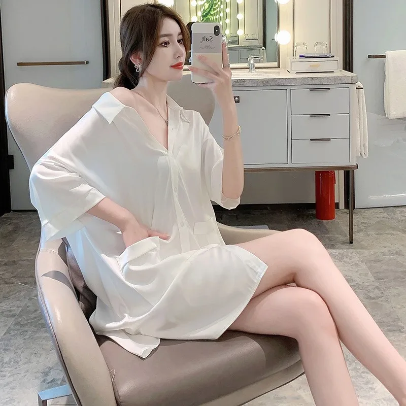 Sexy Lace Shirt Nightdress Hollow Back Women Sleepwear Loose Home Dress Silky Satin Nightshirt Turn Down Collar Loungewear
