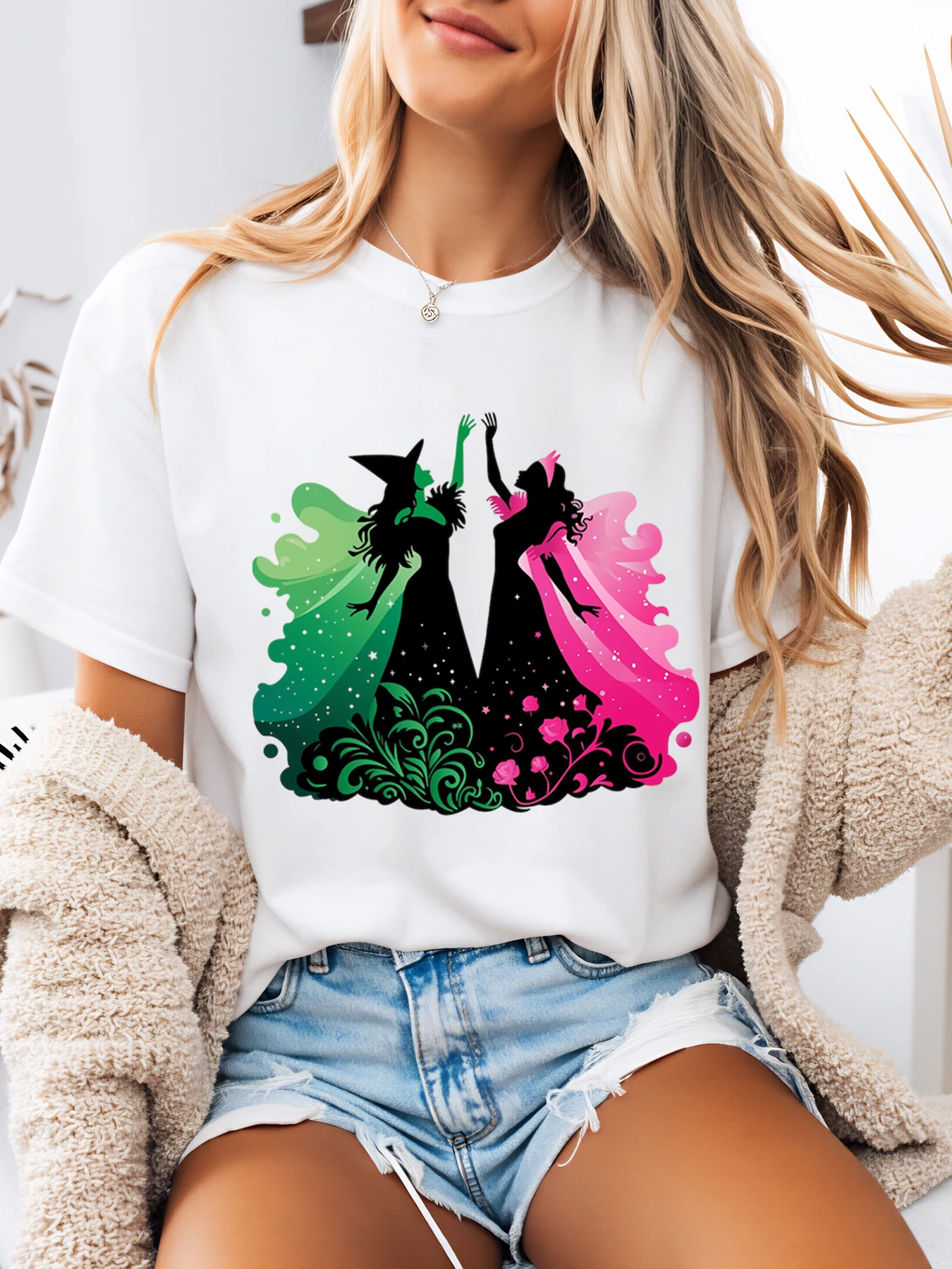 Halloween-T-Shirt mit Hexen-Silhouette-Aufdruck für Damen, lässig, Partykleidung, Weiß, Übergröße