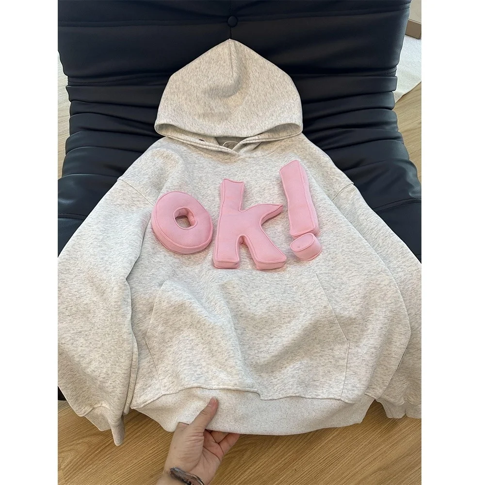 American Sle Pink OK Letters Hoodie Men and Women Autumn and Winter Fleece-lined Thickened 3D Three-Dimensional Couple Nati...