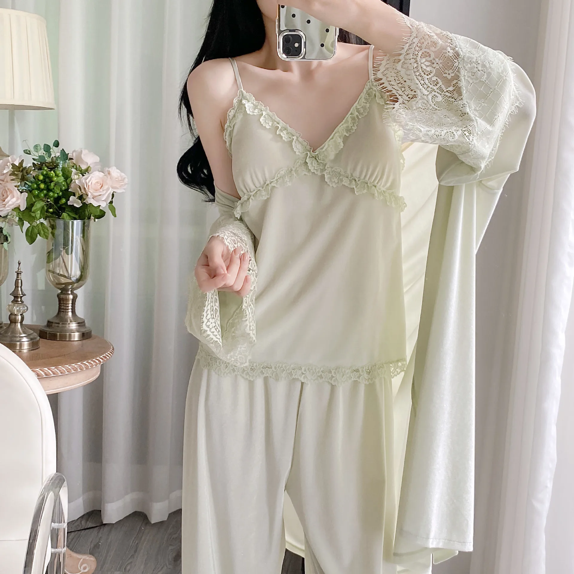 

Осень-зима, новый бархатный пижамный комплект из 3 предметов, женская одежда для сна, сексуальное кружевное белье, банный халат, пижамный костюм, свободная повседневная велюровая домашняя одежда