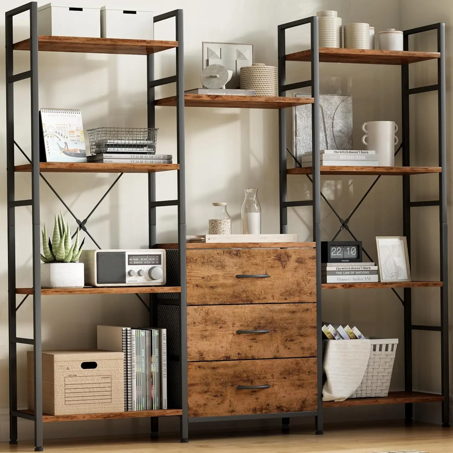 

3 Fabric Drawers, 4 Tier Wide Bookcase with Open Display Shelves, Small Bookshelf with Storage for Home Office & Bedroom