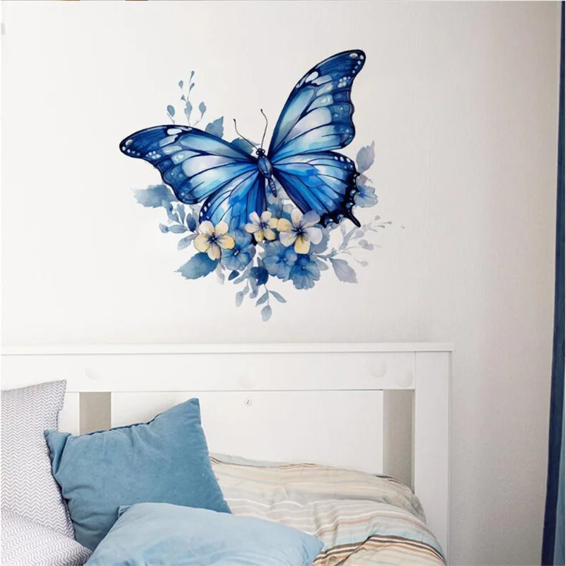 Removable Blue Butterfly Flower Wall Stickers For Livingroom Wardrobe Bedroom Home  Art Decals Decorative 29*30cm