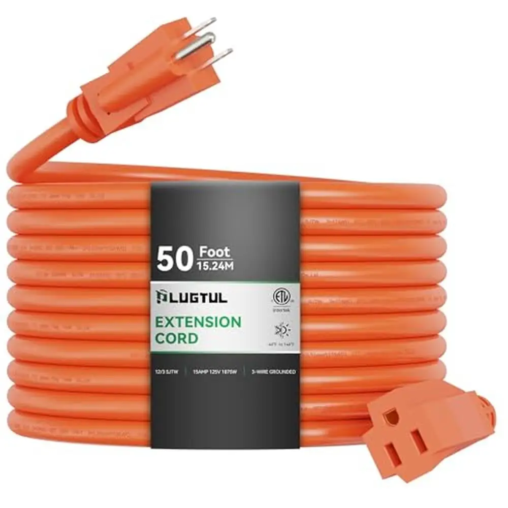 50ft Heavy Duty 12 Gauge Waterproof SJTW Extension Cord 15A 1875W ETL Listed All Purpose Outdoor Cord Garden and Home Yard Work