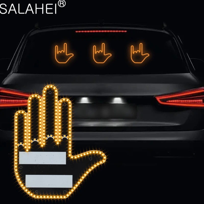 

Funny Car Finger Light With Remote Road Rage Signs Gesture LED Middle Finger Hand Lamp Sticker Glow Panel For Racing Window