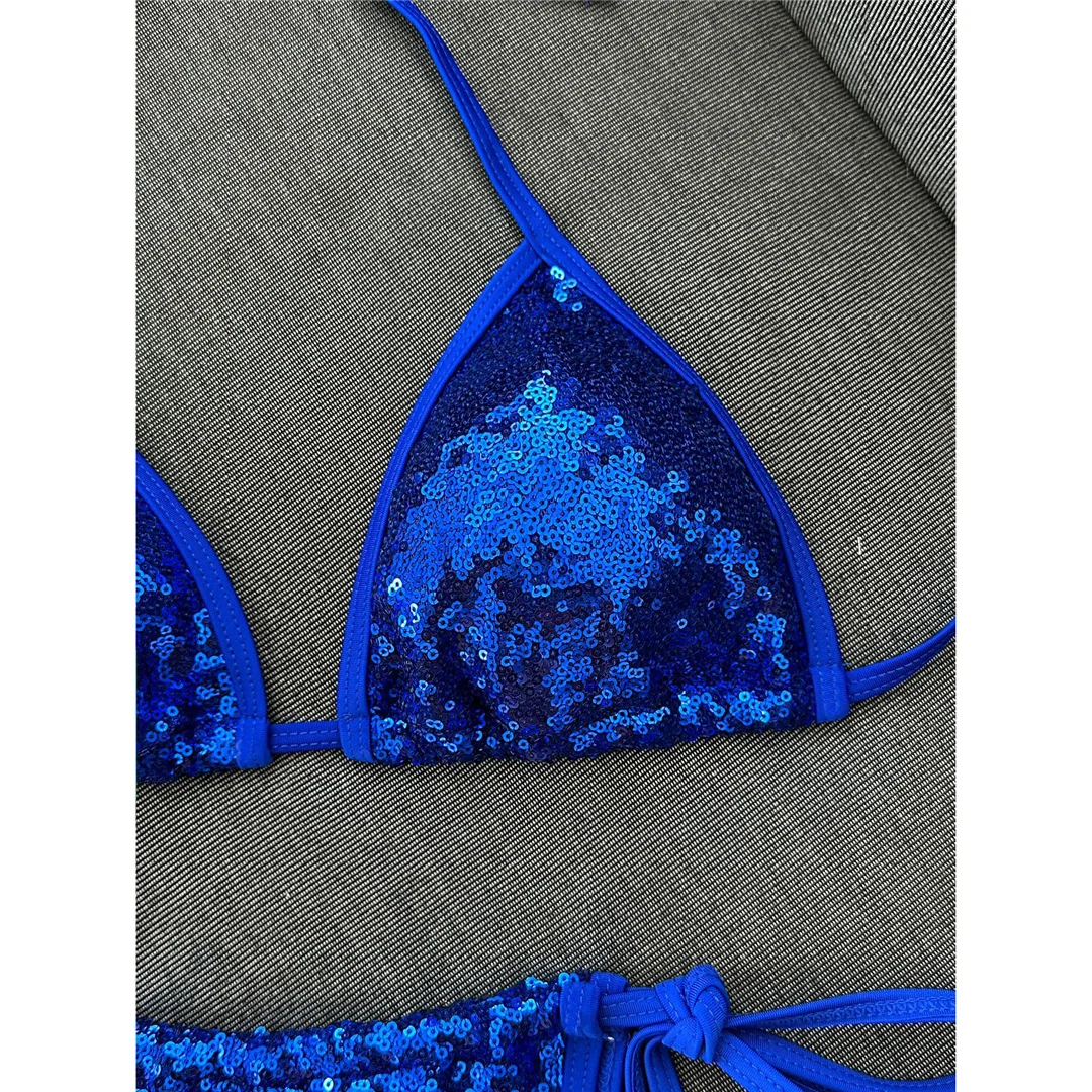 Pailletten-Bikini mit Neckholder, Damen-Badeanzug, zweiteiliges Bikini-Set, hoch geschnittene Beine, gepolsterter Badeanzug, Badebekleidung, Modell V8302. – Detail 16