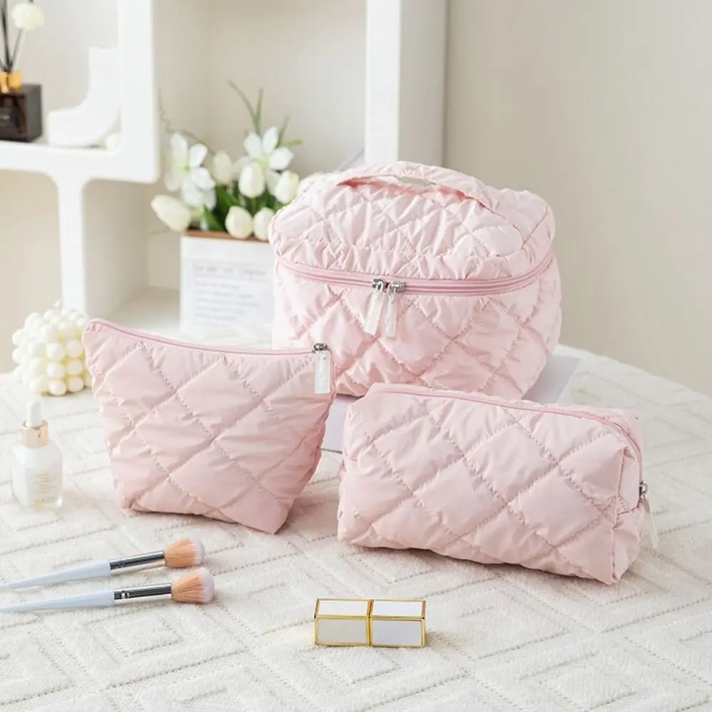 3pcs/set Nylon Cotton Quilted Makeup Bag Multi-function Large Capacity Toiletry Cosmetic Pouch Solid Color Lightweight