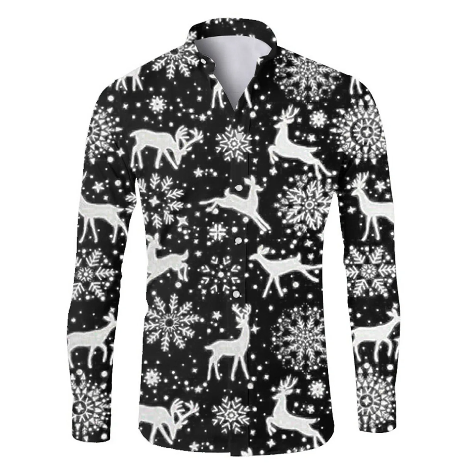 Camisas masculinas estampadas de floco de neve, casual, single-breasted, manga longa, lapela tops, streetwear, tendência