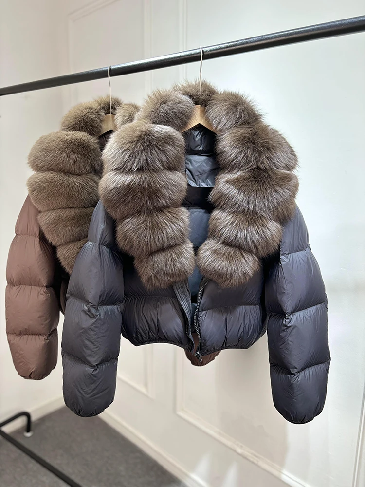 Janveny 2025 New Puffer Jacket Women With Large Natural Fox Fur Collar Short Fluffy Thick Parkas Female 90% White Duck Down Coat