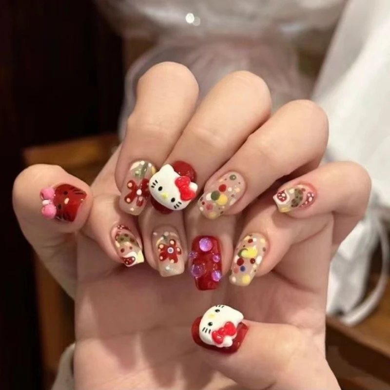 

Носимые розовые ногти Hello Kitty милые короткие накладные ногти зимние многоразовые полноразмерные Гламурные ногти маникюр праздничный подарок