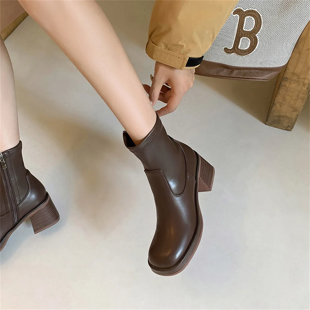 FEDONAS Basic Ankle Boots Side Zipper Thick High Heels Warm Autumn Winter Shoes Woman Round Toe Elegant Office Pumps New Short