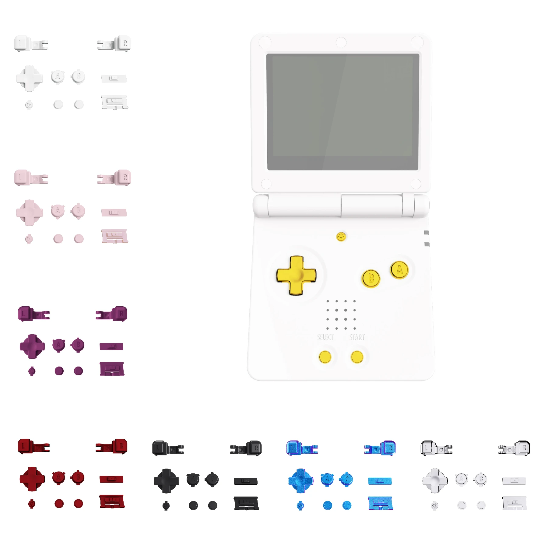 Tombol Set Penuh EXtremeRate untuk Gameboy Advance SP, Tombol A B L R Tombol Volume Daya Hidup Mati Kunci D-pad untuk Konsol GBA SP