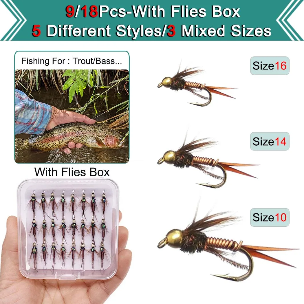 

9/18Pcs/Box 5 Different Styles Dry Flies Nymph Box Set Fly Fishing Flies Trout Grayling Panfish Lure Carp Artificial Fish Bait