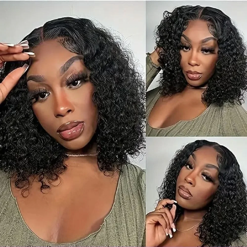 200 밀도 곱슬 밥 프리 컷 레이스 인모, 사전 뽑은 표백 매듭, 투명 접착제 없는 레이스 가발, 여성용 곱슬 머리, 6x4