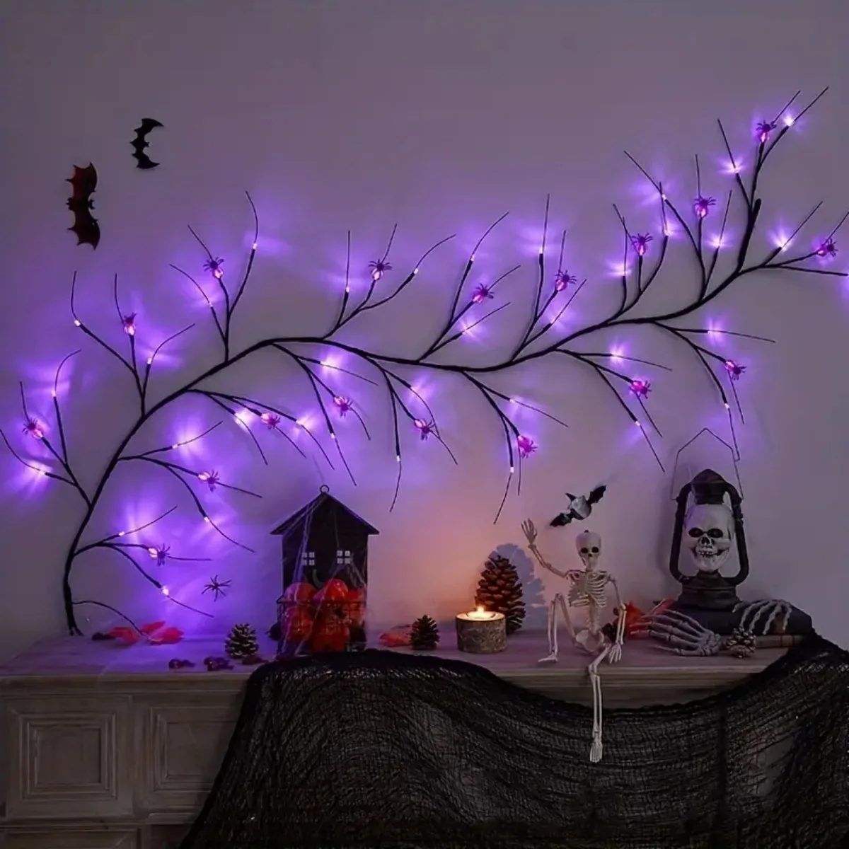 1PC 54LED Halloween Simulation Black Willow Vine Branches Lights With Spider Ghost Festival Atmosphere Decorative Lights