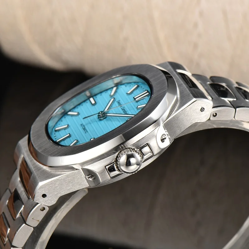 40mm Custom S Logo For Watch Men Automatic NH35 Luxury PP Brand Nautili Type Ice Blue Waterproof WristWatches Transparent Back