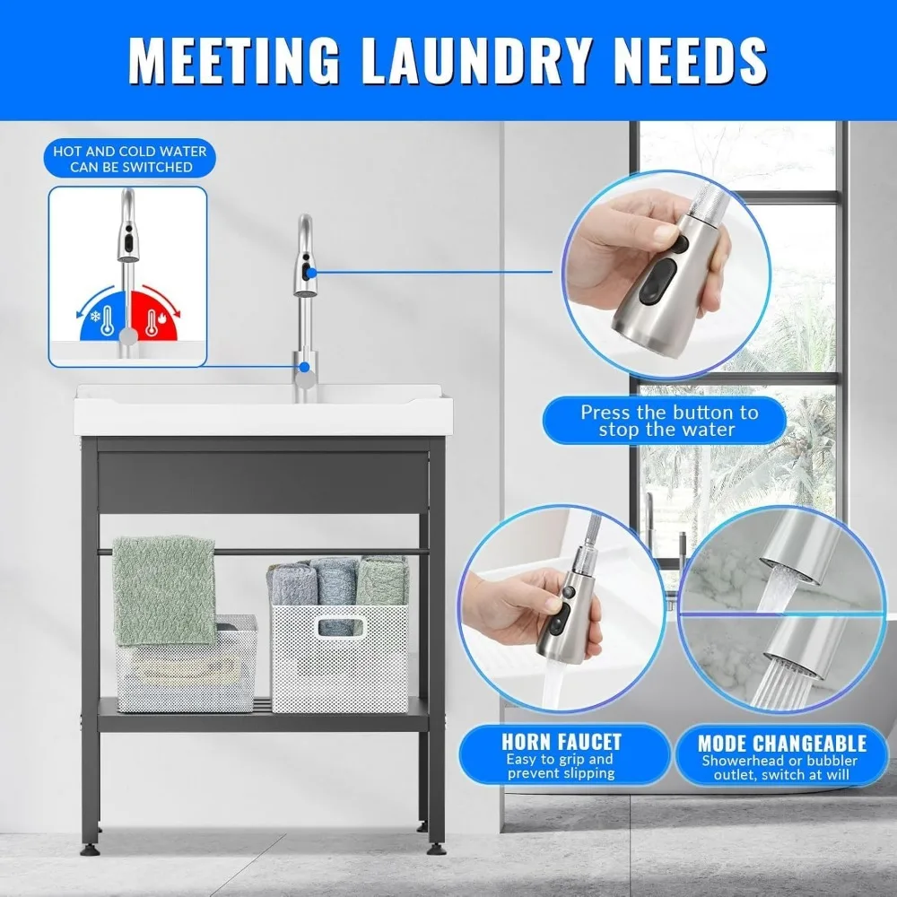 Freistehendes 28-Zoll-Keramik-Spülbecken mit Waschbrett, Kalt- und Warmwasserhahn, Schläuchen für Waschküche