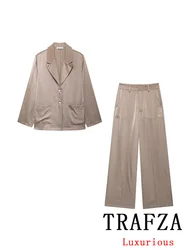 TRAFZA Vintage Chic Khaki Solid Women Suit Turn-down Collar Single Breasted Blazer Straight Pants Fashion 2024 Office Lady Set